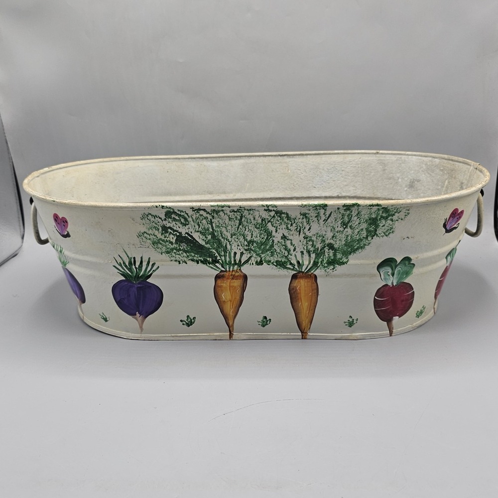 Vtg Galvanized Steel Bucket Planter Hand Painted Carrots Turnips Grandmacore